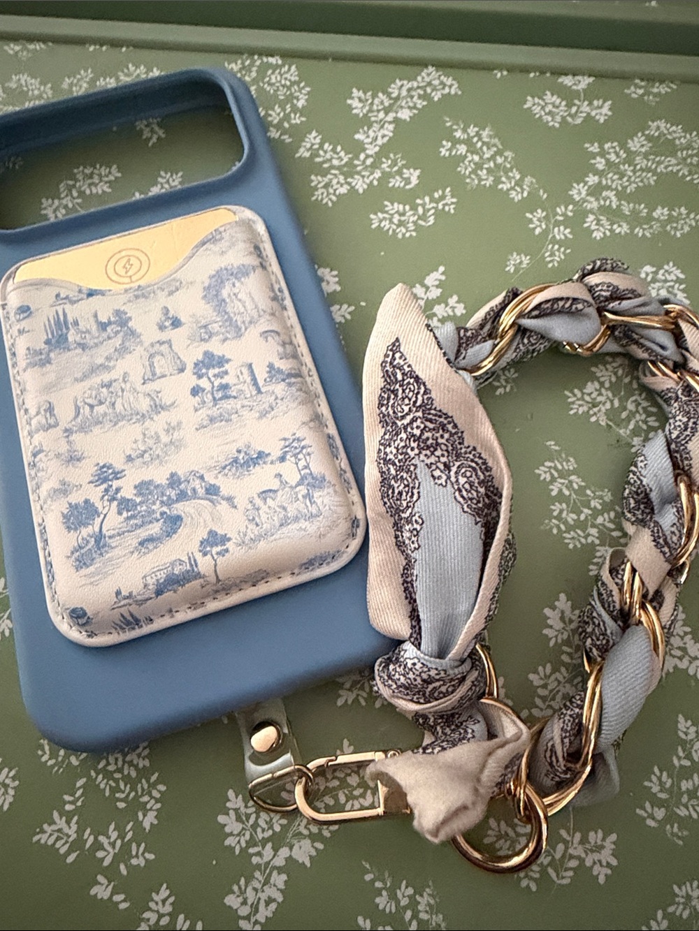 Blue Silicone Phone Case with Toile Card Holder and Scarf Chain
